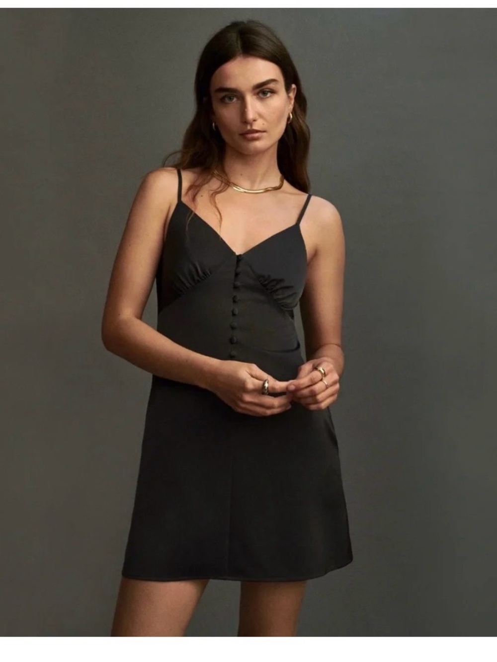 Anthropologie Mare Mare Black Satin Button-Front Slip Dress